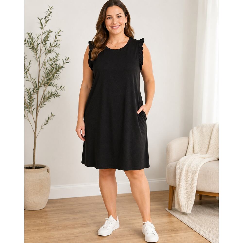 Universal Thread Black Ruffle Sleeve T-Shirt Dress XXL‎ Casual Midi